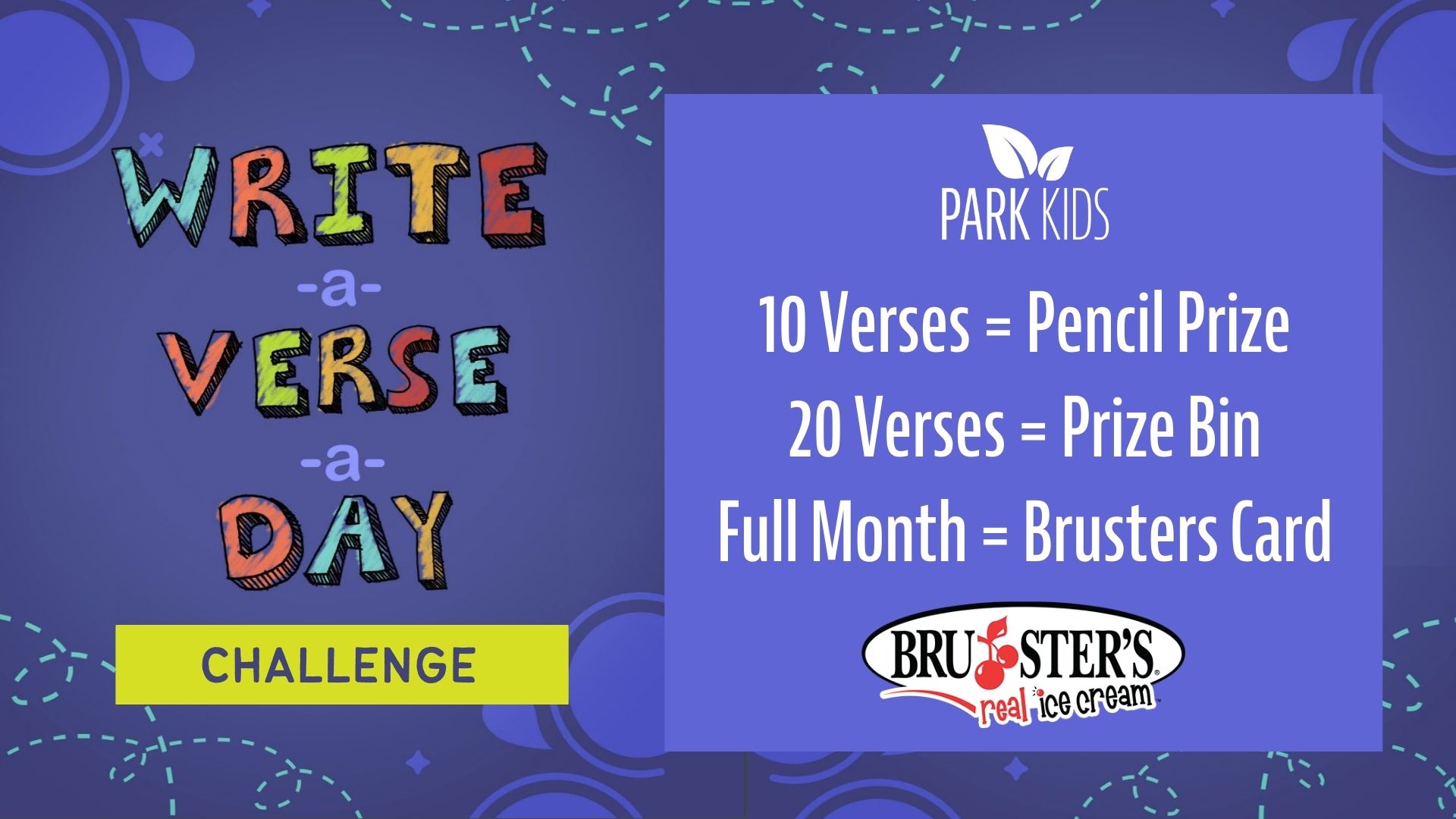Write-A-Verse-A-Day Challenge Park Kids with Bruster's Real Ice Cream logo
