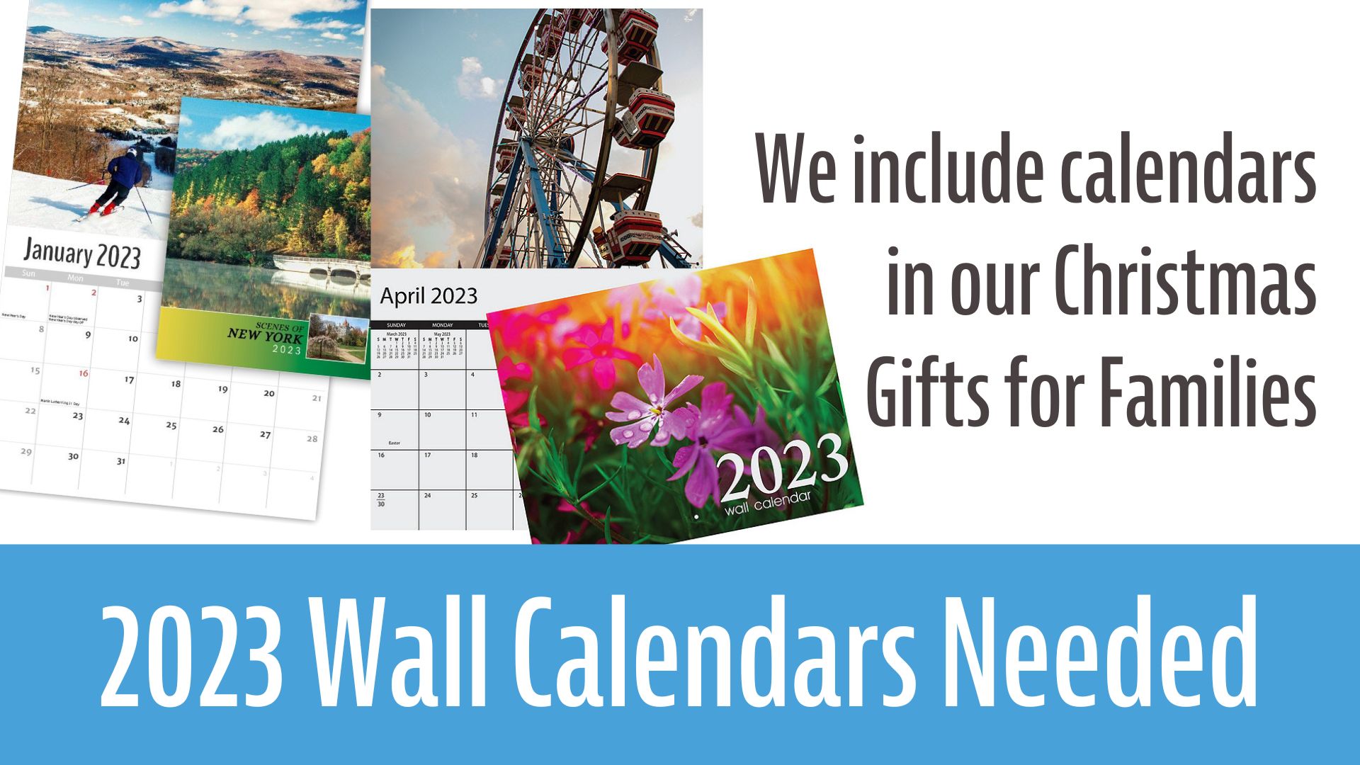 Photo of two open and two closed 2023 wall calendars