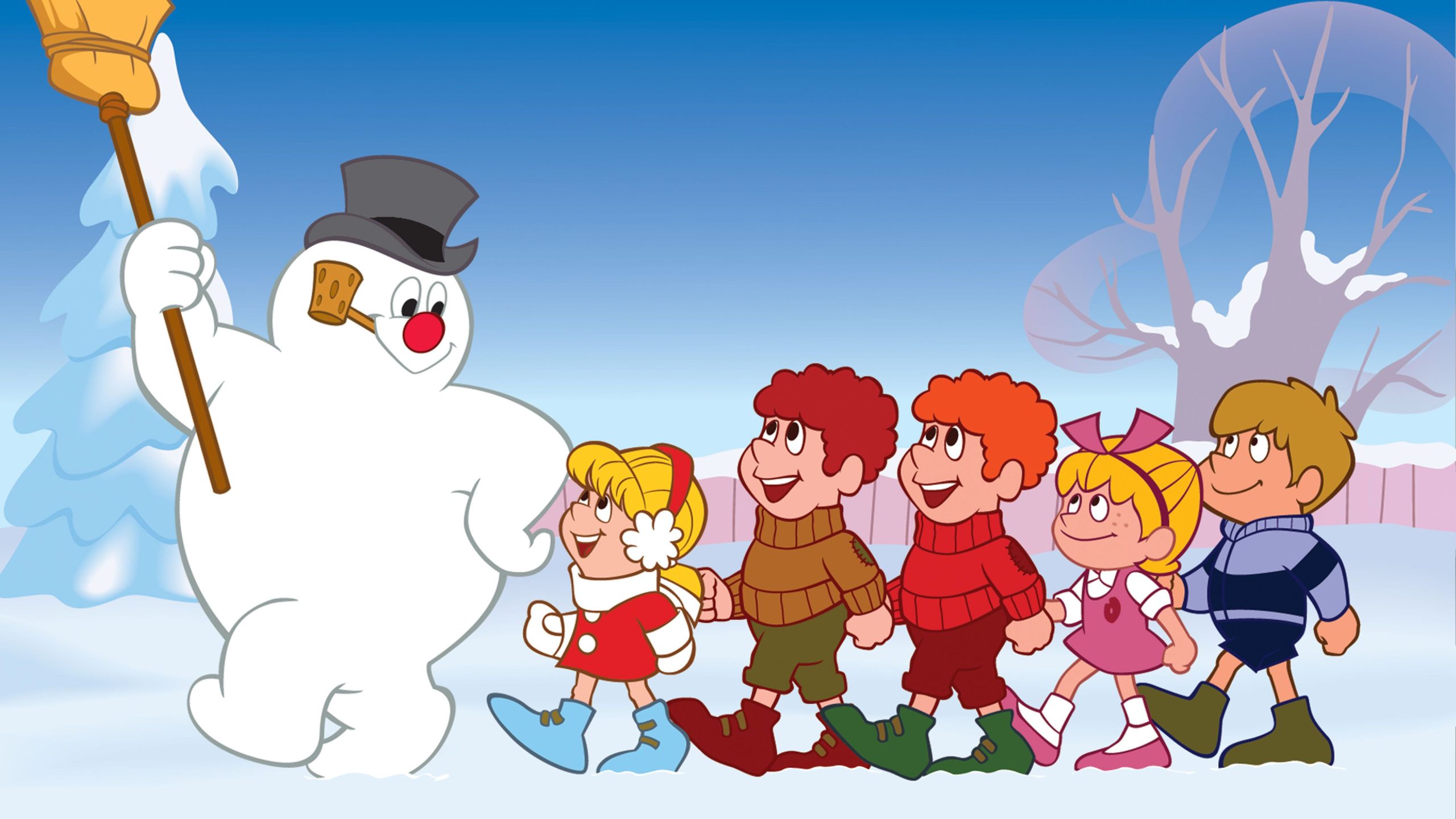 Image from Frosty the Snowman cartoon film showing Frosty leading a line of children.