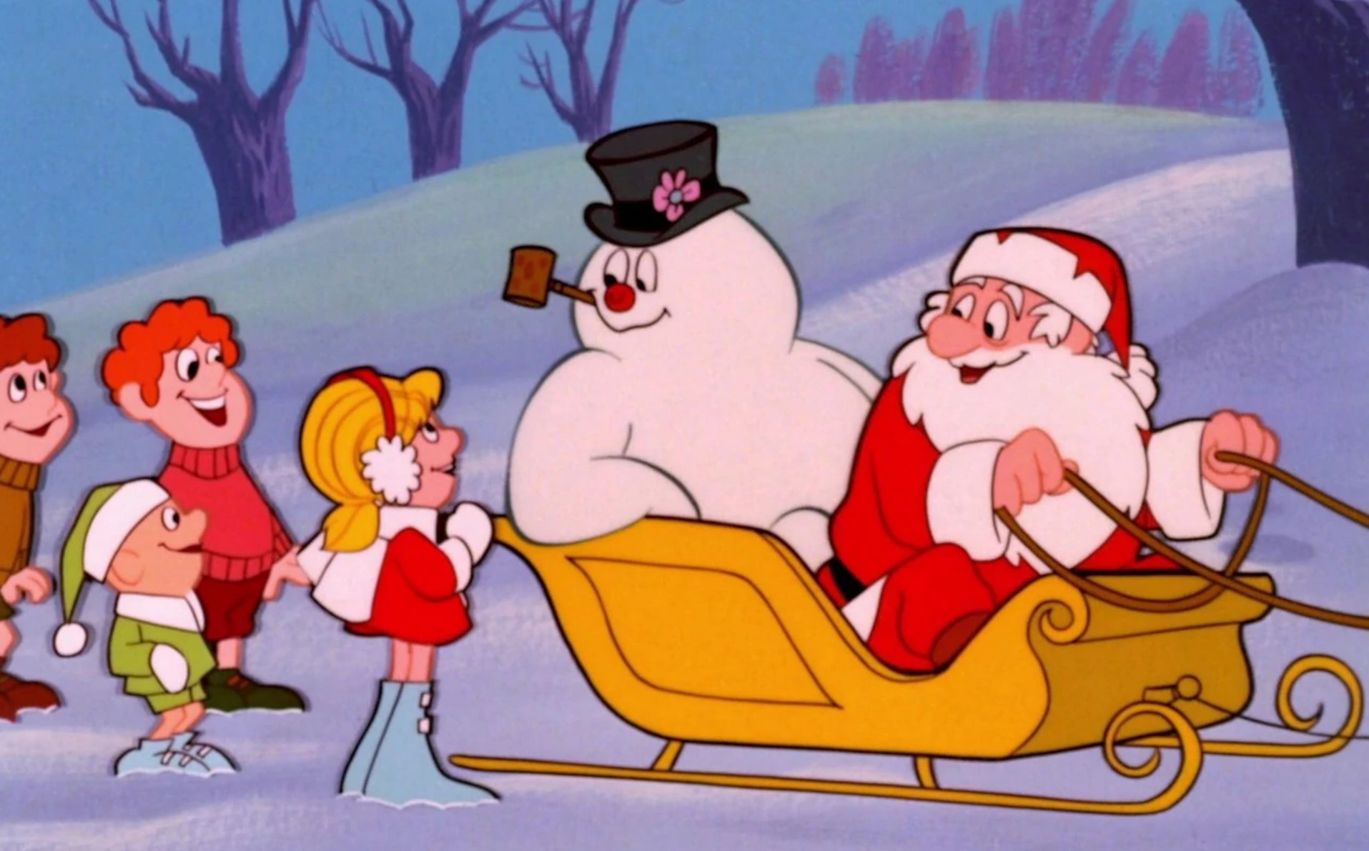 scene from Frosty the Snowman with Frosty in Santa's sleigh with Santa