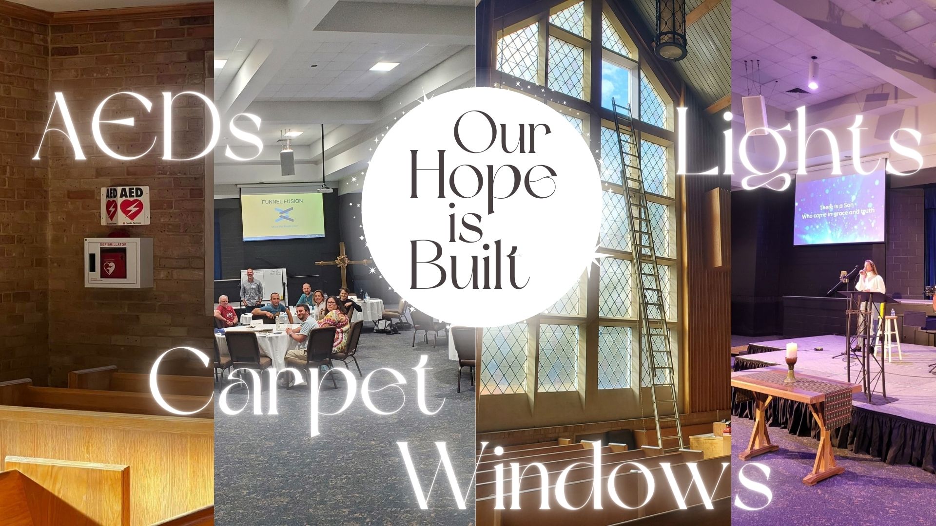 Photos of AEDs installed, new carpet installed, sanctuary windows with ladder and stage light