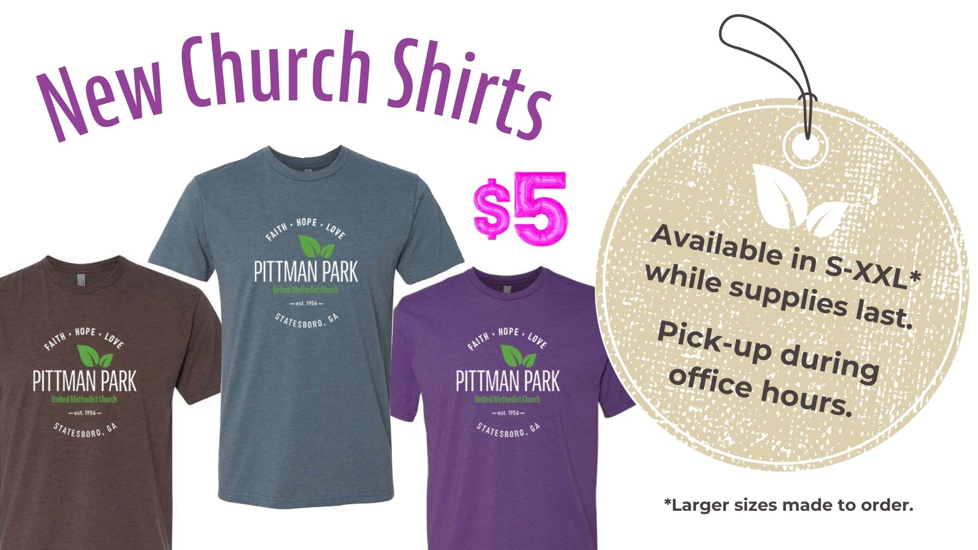 mock up of brown, blue and purple t-shirts with pittman park logo in green and white.