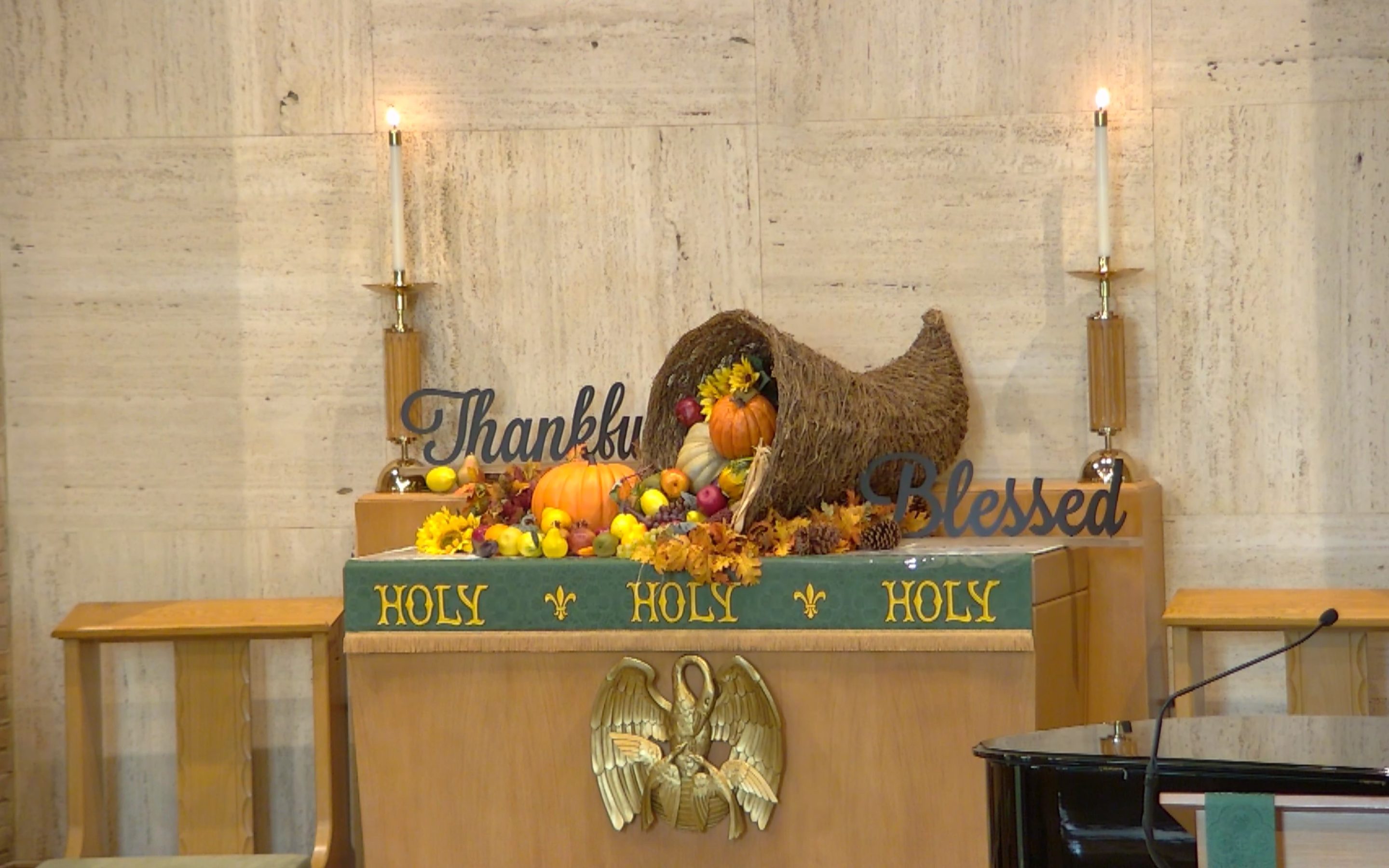 Photo of the sanctuary altar decorated with a cornucopia and vegetables and fall leaves