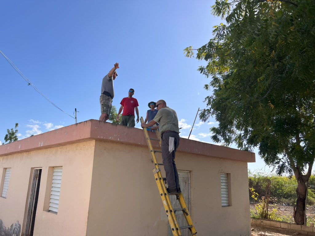 Photo of men on a roof with ladder