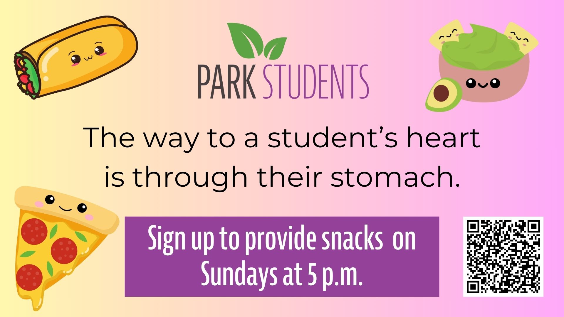 Park Students logo with cartoon food illustrations and a QR code