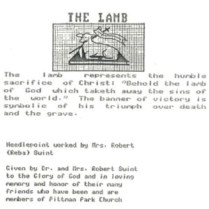 A scanned page from a typed leaflet featuring a drawing of the Lamb design.