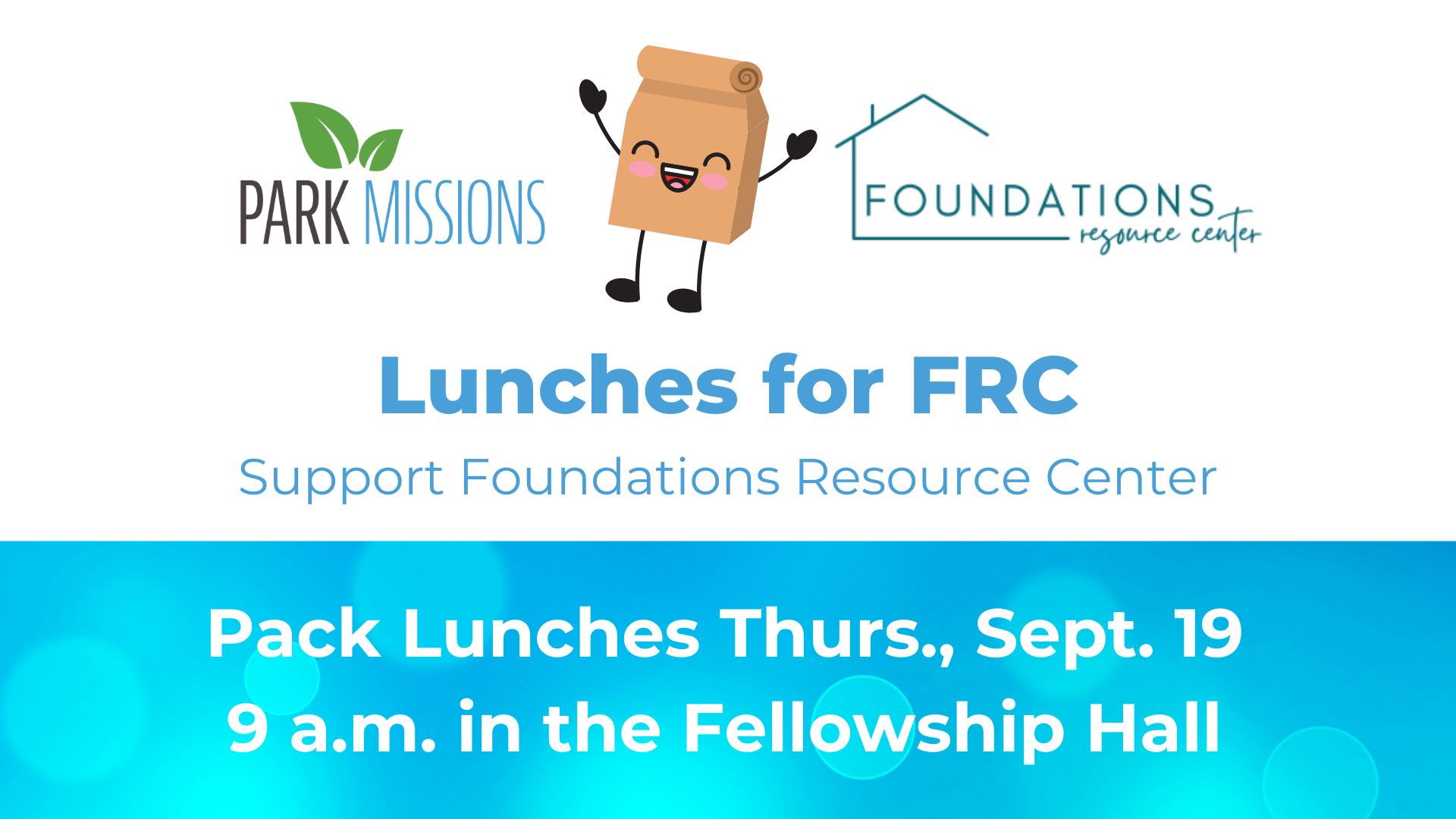 Logos for Park Missions and Foundation along with a cartoon illustration of a paper lunch bag