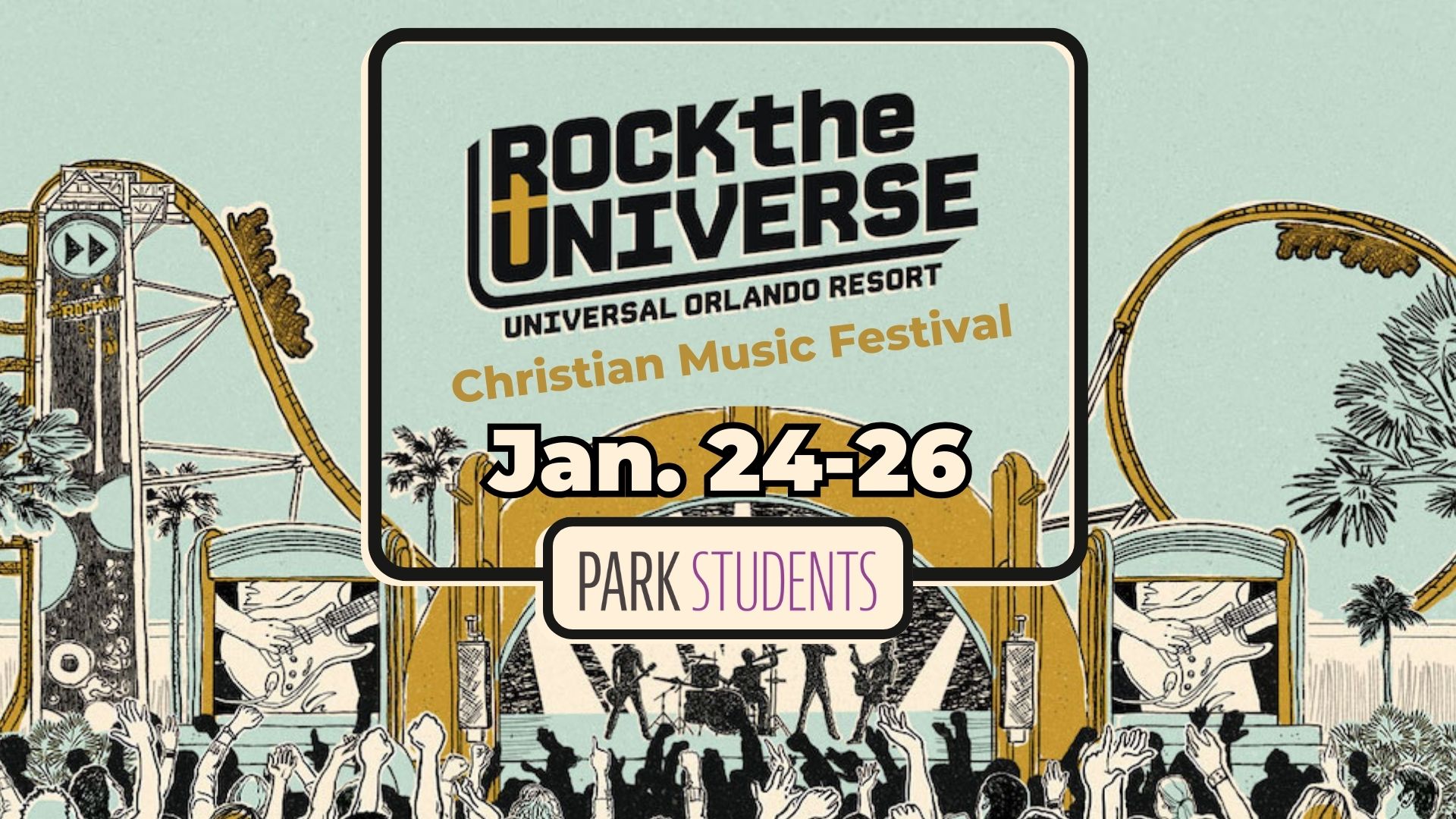 Rock the Universe logo and promotional 3-color illustration