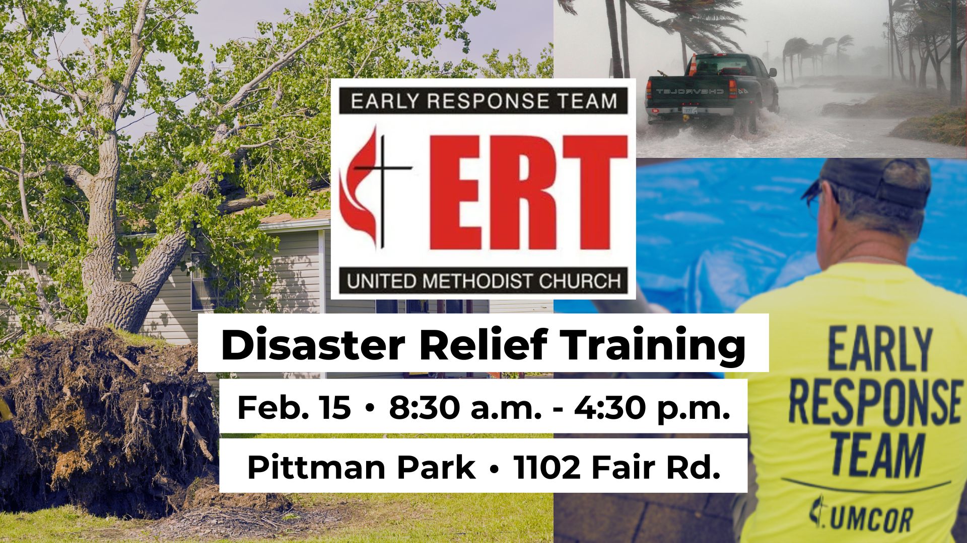 Logo of UMC ERT with a photo collage of tree on house, truck driving through wind and rain, and man putting a blue tarp on a roof.