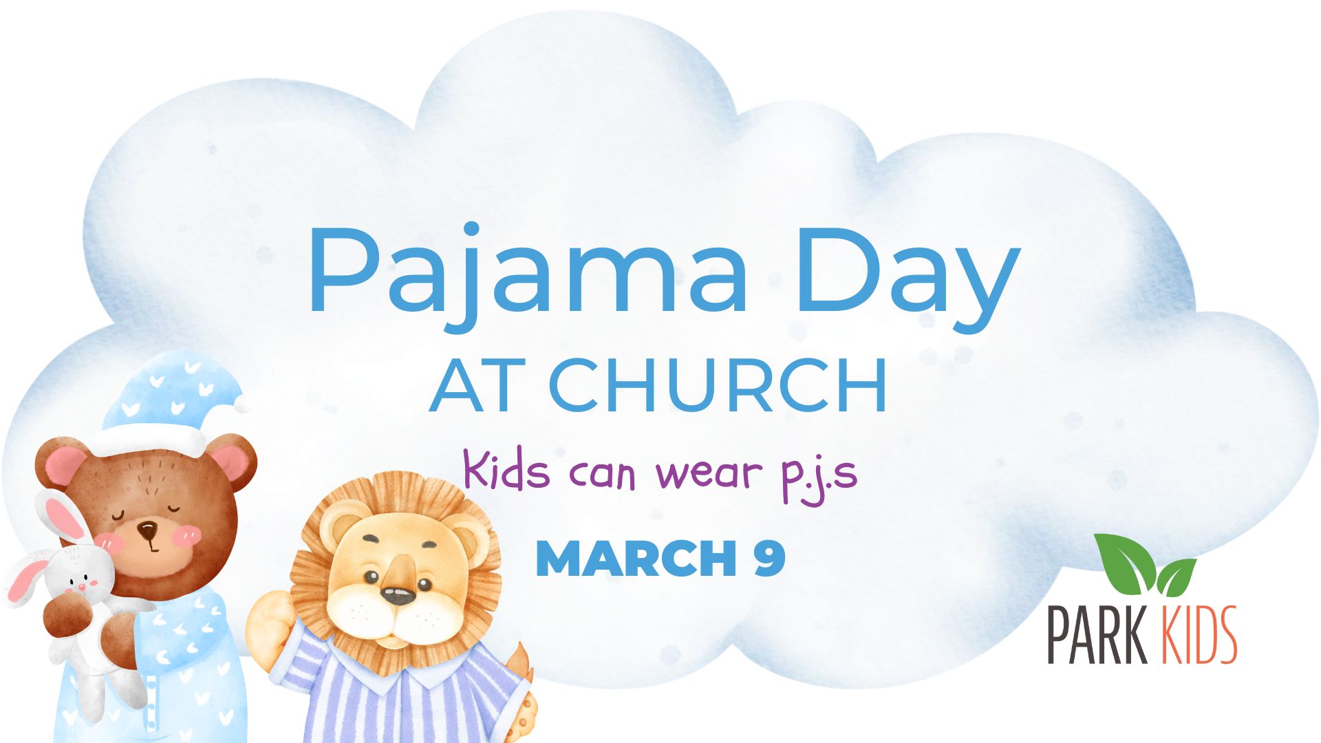 Illustration of a lion and bear in pajamas with Park Kids logo