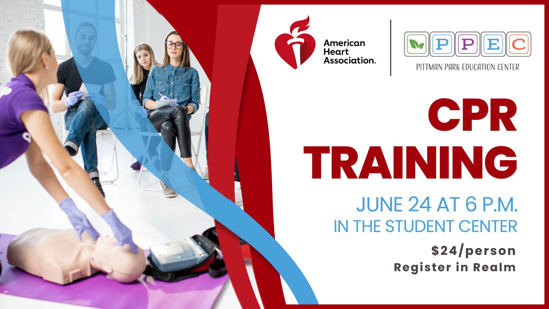 American Heart Association logo and Pittman Park Education Center logo with stock photo of a woman and a CPR dummy with people in chairs watching her demonstration