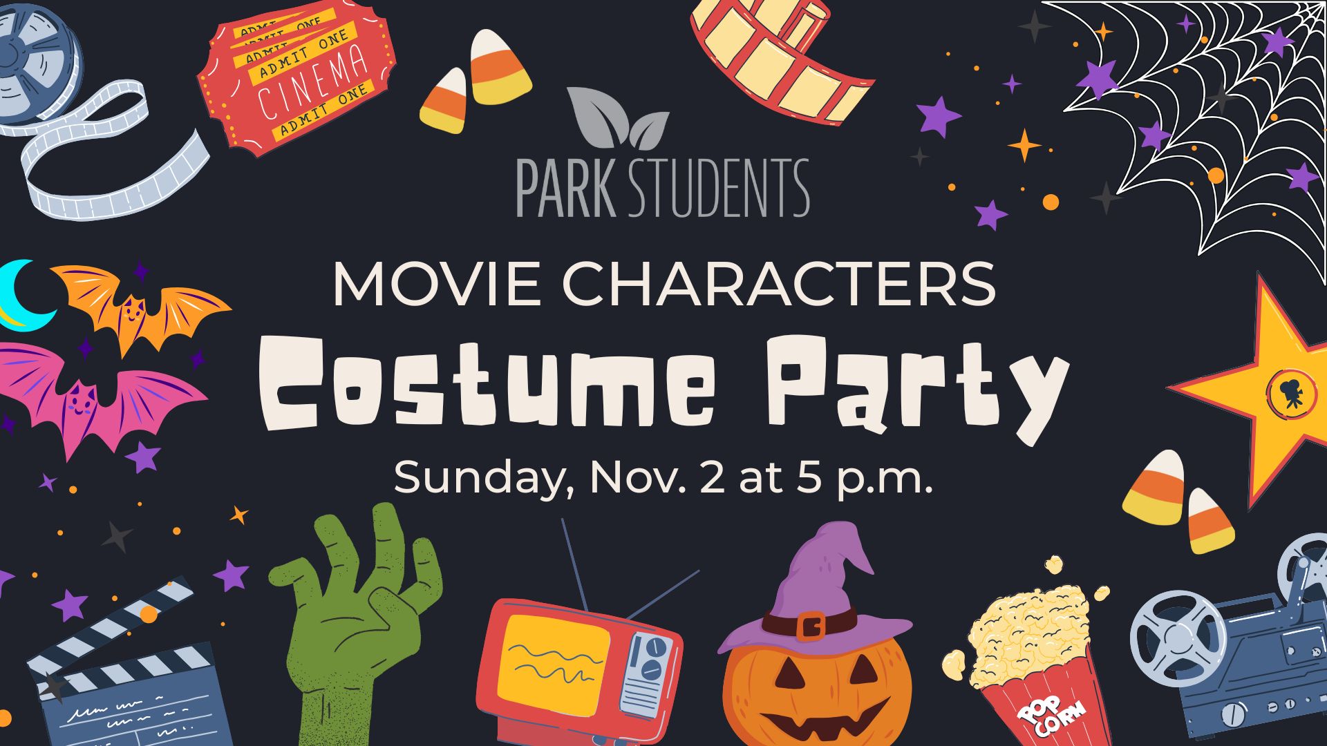 Park Students logo with whimsical illustrations of movie and Halloween symbols
