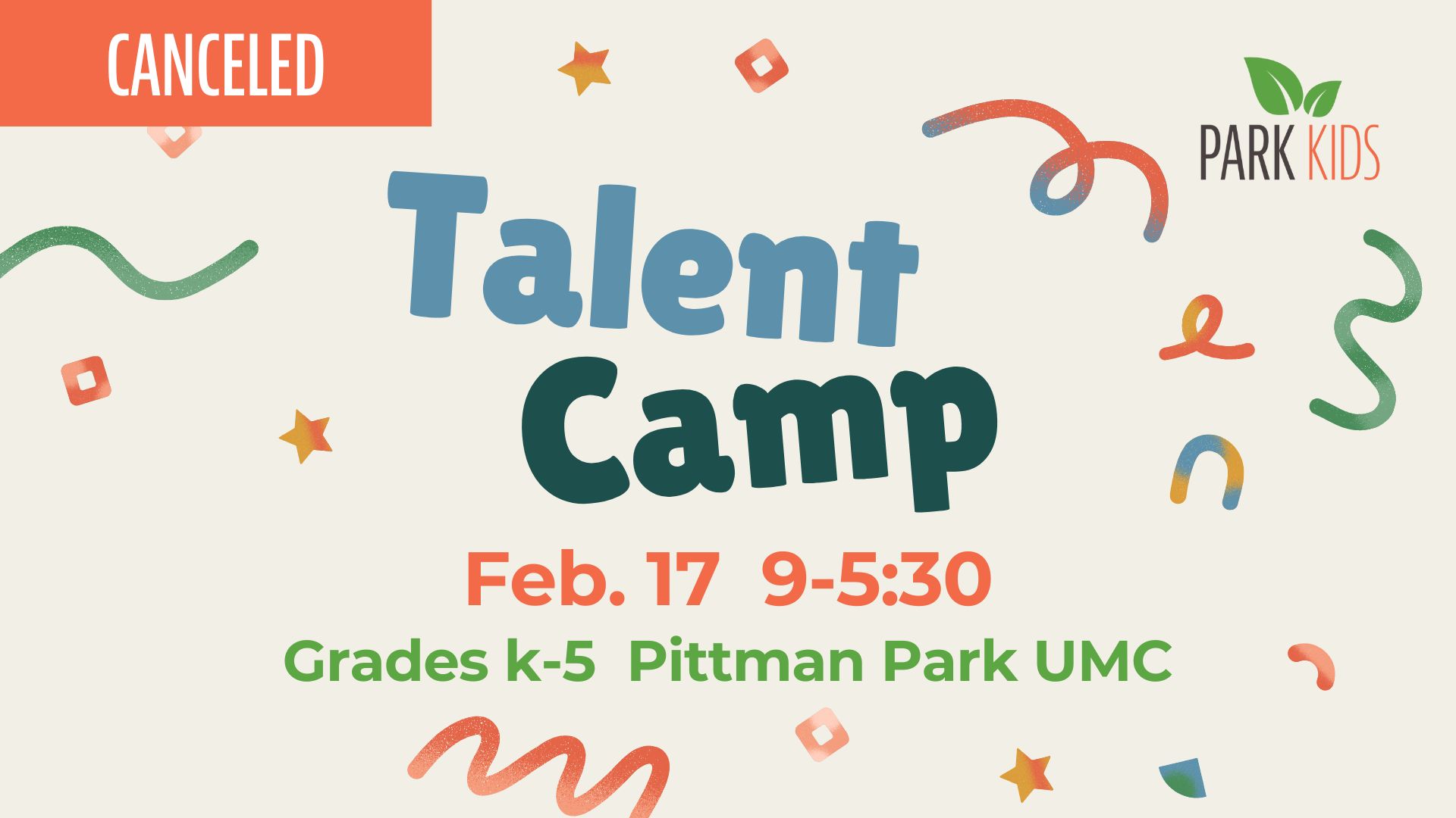 Illustration with confetti-style shapes. TEXT: Talent Camp Feb. 14 9-5:30