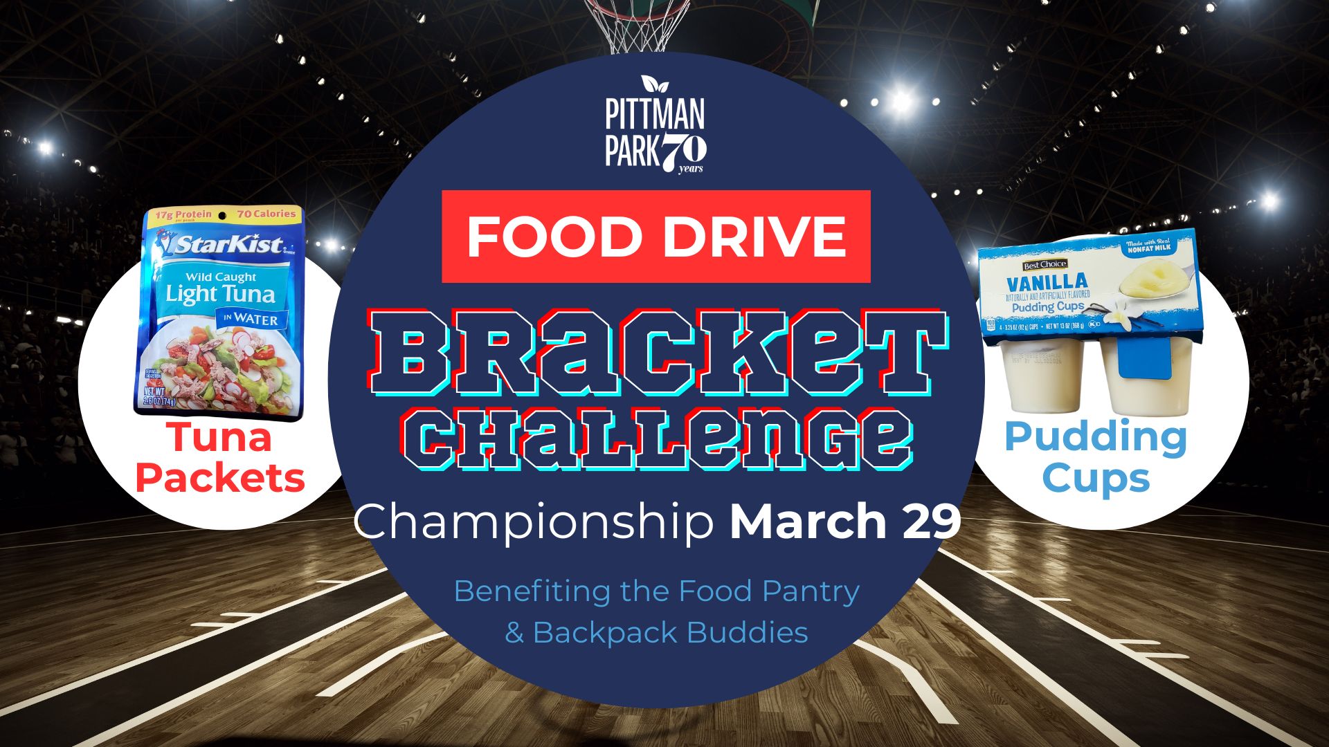 Photo of basketball court in background, tournament brackets on each side with center text: Pittman Park UMC Food Drive Bracket Challenge Championship March 29 Benefitting the Food Pantry & Backpack Buddies