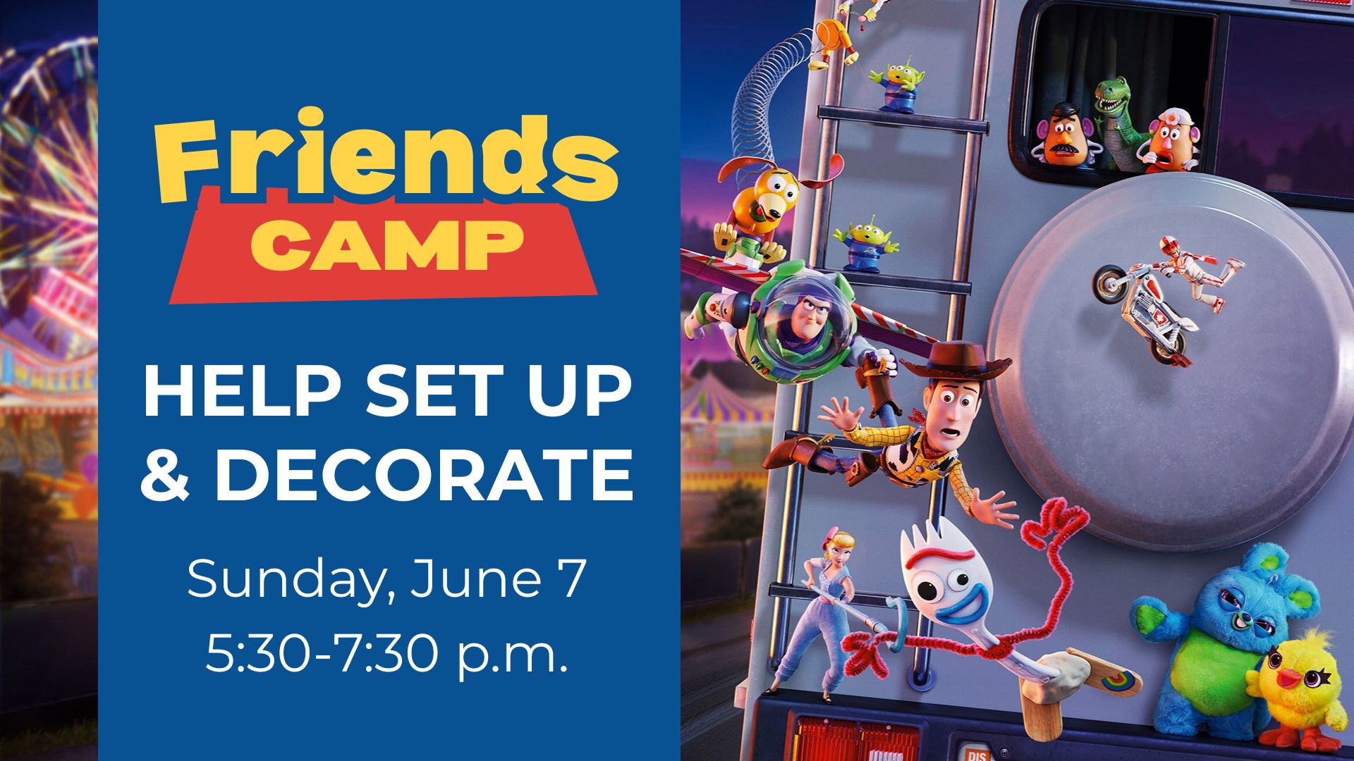 Scene from Toy Story 4 of the characters chasing Forky at the back of the RV with Friends Camp logo
