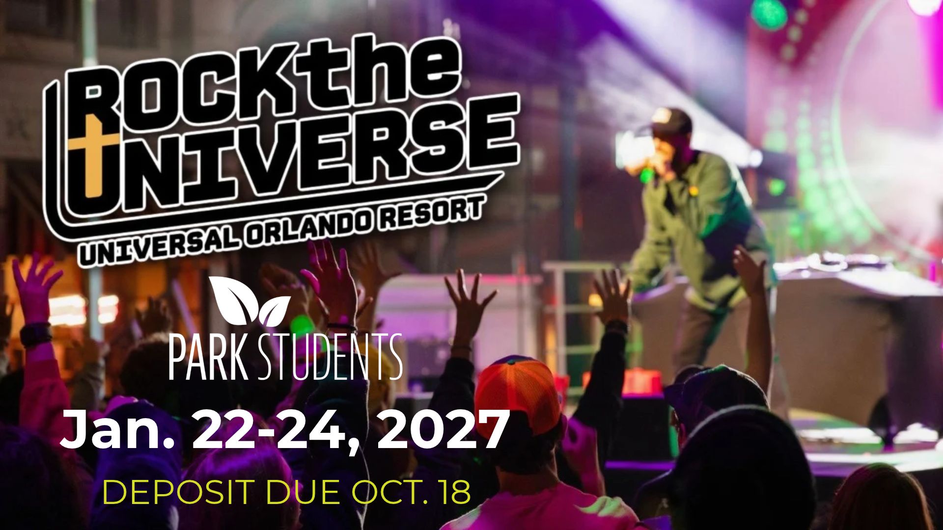Photo of crowd in front of concert stage with overlayed Rock the Universe logo